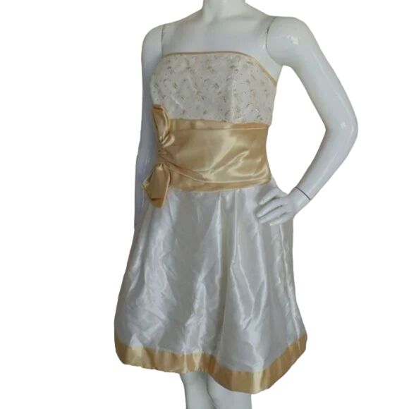 Jessica McClintock GUNNE SAX Dress, Junior 3/S, Strapless, White/Gold, Bow - Picture 4 of 13